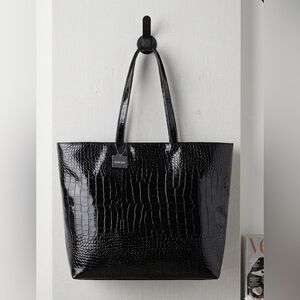 Avenue Black Croc-Embossed Patent Tote Bag New